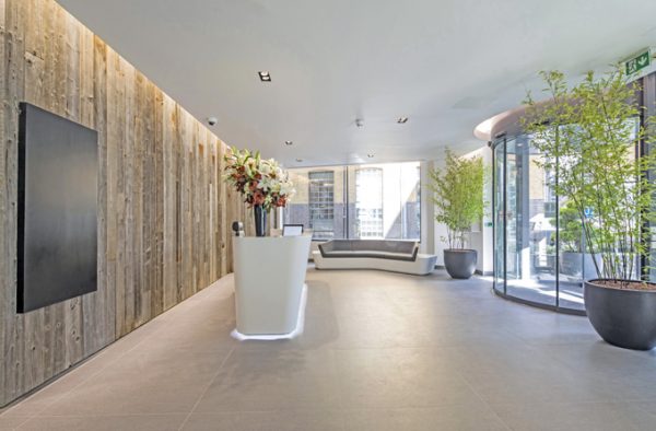 contemporary reception boasting display of flowers in a vase, plants at the glass entrance and sofa in a waiting area