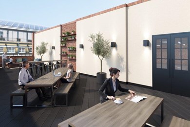 communal rooftop terrace with plants outside and people having a quiet coffee or informal meeting