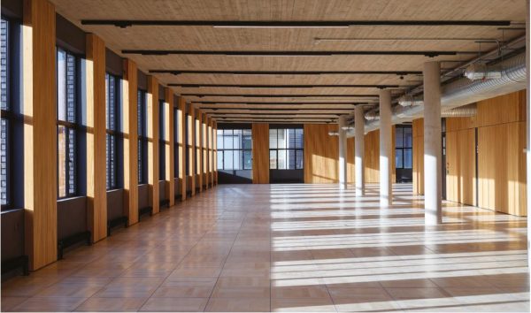 tunnel view of office with different shades of brown wood in flooring, walls and ceiling, light pouring in