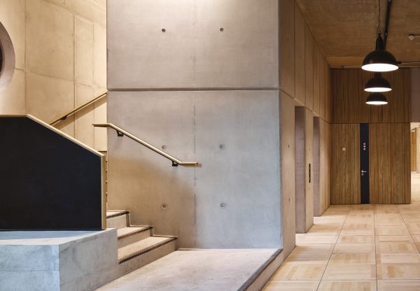 design of stone steps and wood effect reflect the industrial past in bankside's history